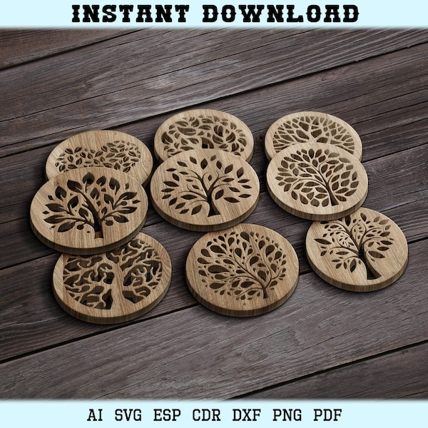 Trees Wood Trivets, SVG Trees coasters svg, Wood Leaves Coaster Laser Cut Trivet Wall Decor Glowforge Cricut SVG DXF Files  Laser Cut Files