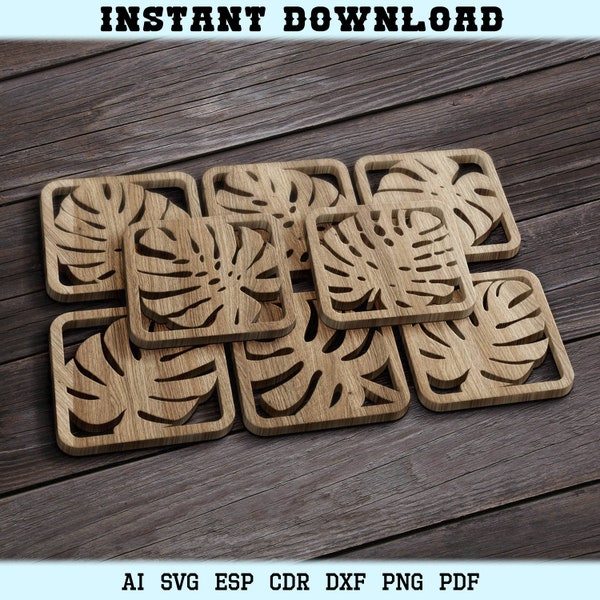 12 svg files for cricut Monstera, kitchen svg files, Layout, Plants Laser Cut Vector, Laser cut Coasters, Farmhouse decor, Drink Coaster