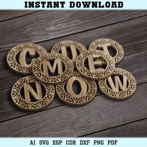 Glowforge Alphabet Laser Cut Coasters Trivet Letters Wood Coaster Letter Wall Decor Templates Vector Digital SVG DXF Files CNC Laser Cutting