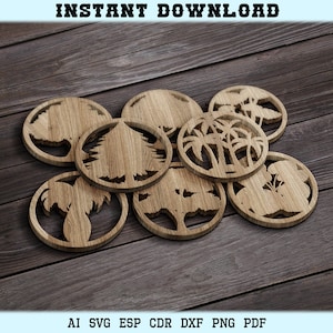 Set of Tree Coasters, Glowforge Files Coasters and Trivets Wood Panels Wall Decor Modern Laser Cut DXF Files CNC Laser Cutting Glowforge