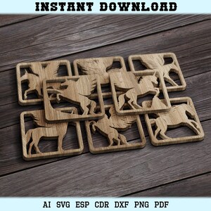 May include: A set of eight wooden cutouts of winged horses, each with a different pose. The cutouts are arranged in a stack, with the top cutout facing the viewer. The cutouts are made of a light brown wood and have a smooth finish.