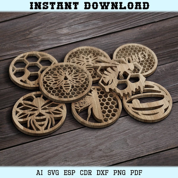 Laser Cut Bee and Honey Coasters Trivet Honey Wood Coaster Bee Wall Decor Templates Vector Digital SVG DXF Files CNC Laser Cutting Glowforge