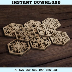 Corte láser Copo de nieve Invierno Trivet Hexagonal Madera Coaster Plantillas de decoración de pared Vector Digital SVG DXF Archivos CNC Corte láser Glowforge