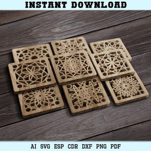 Posavasos de madera cuadrados svg, Square Coaster Laser Cut Trivet Wall Decor Glowforge Cricut SVG DXF Archivos de corte láser, Trivets de adorno