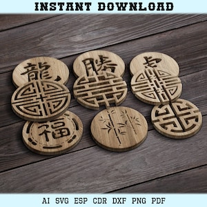 Sottobicchieri giapponesi Sottobicchiere cinese Kanji Grill Home Decor Modelli Vector Digital SVG DXF Files Download immediato Taglio laser Plasma Cricut