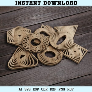 Glowforge Geometric SVG Coasters and Trivets Ornament Wood Panels Wall Decor Laser Cut Digital Pdf DXF Files CNC Laser Cutting Glowforge