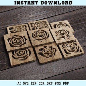 Rose onderzetters, Square Rose onderzetters svg, Square Rose Coaster Laser Cut Trivet Wall Decor Glowforge Cricut SVG DXF-bestanden Lasersnijden bestanden