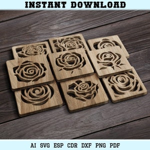 Rose trivets, Square Rose coasters svg, Square Rose Coaster Laser Cut Trivet Wall Decor Glowforge Cricut SVG DXF Files  Laser Cutting Files