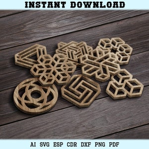24 geometrische onderzetters, SVG-panelencollectie, geometrische mandala, vierkante patronen. Vectorbestanden, voor lasersnijden, cnc. CDR, DXF, EPS, onderzetters