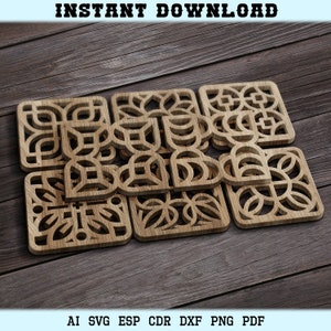 16 vierkante Coaster houten Trivet Wall Decor sjablonen Vector digitale SVG DXF-bestanden downloaden CNC lasersnijden Cricut, houten paneel