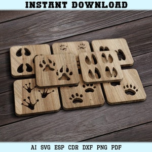 Laser Cut Coasters and Trivets Animals Wood Coaster Animal Footprints Wall Decor Laser Cut Digital SVG DXF Files CNC Laser Cutting Glowforge