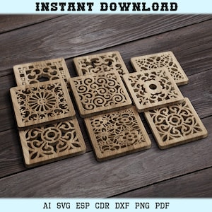 Ornament onderzetters, vierkante houten onderzetters svg, vierkante Coaster Laser Cut Trivet Wall Decor Glowforge Cricut SVG DXF-bestanden Lasersnijden bestanden