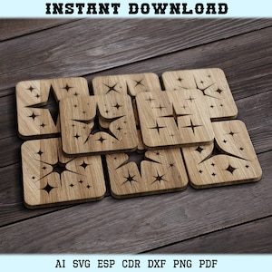 Glowforge Stars Laser Cut Coasters Trivet Space Stars Wood Coaster Stars Plantillas de decoración de pared Vector Digital SVG DXF Archivos CNC Corte por láser