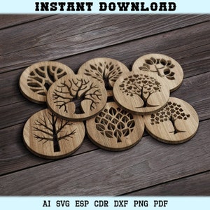 Posavasos de árbol SVG, salvamanteles redondos para corte láser, plantillas de decoración de pared, archivos vectoriales digitales EPS, DXF, Cricut y CNC.