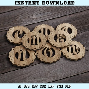 Glowforge Alphabet Laser Cut Coasters Trivet Letters Wood Coaster Letter Wall Decor Templates Vector Digital SVG DXF Files CNC Laser Cutting