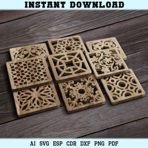 Vierkante houten onderzetters SVG, vierkante Coaster Laser Cut Trivet Wall Decor Glowforge Cricut SVG DXF-bestanden lasersnijden bestanden, Ornament onderzetters