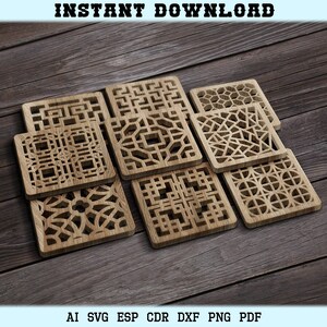 Vierkante houten onderzetters SVG, vierkante Coaster Laser Cut Trivet Wall Decor Glowforge Cricut SVG DXF-bestanden lasersnijden bestanden, Ornament onderzetters