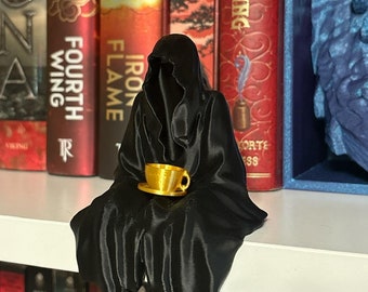 3D Printed Hooded Figure Suriel with Tea Cup Book Nook Bookshelf Decor