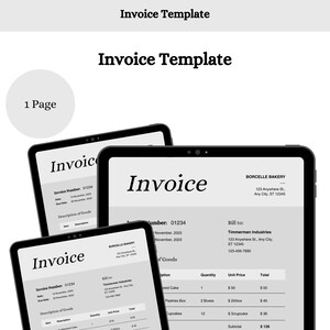 May include: A black and white invoice template with the text "Invoice" and "Borcelle Bakery" at the top. The invoice is for Timmerman Industries and includes a list of items, quantities, unit prices, and totals. The items include a customised cake, pastries box, and cupcakes.