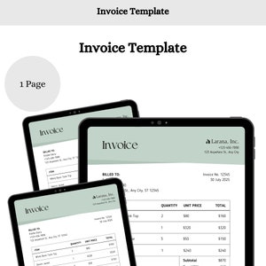 May include: Invoice template displayed on a tablet screen. The invoice is for Larana, Inc. and lists items including a tank top, a shirt, and a jacket. The total amount due is £870.