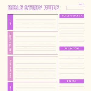 Może przedstawiać: Przewodnik do studiowania Biblii z kremowym tłem i fioletowymi akcentami. Tytuł "BIBLE STUDY GUIDE" znajduje się na górze. Sekcje obejmują "VERSE", "CHAPTER SUMMARY", "VERSE EXPLANATION" i "APPLICATION TO MY LIFE". Dodatkowe sekcje są oznaczone jako "WORDS TO LOOK UP", "REFLECTIONS" i "PRAYER".