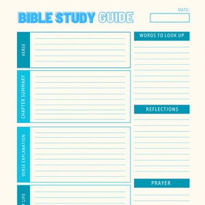 Może przedstawiać: Przewodnik do studiowania Biblii z kremowym tłem i turkusowym tekstem i akcentami. Tytuł "BIBLE STUDY GUIDE" znajduje się na górze. Sekcje obejmują "VERSE", "CHAPTER SUMMARY", "VERSE EXPLANATION" i "APPLICATION TO MY LIFE."