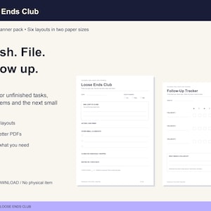 Può includere: Un pacchetto di pianificatori digitali stampabili intitolato Loose Ends Club con due pagine bianche con testo nero. Una pagina è un tracker delle attività, l'altra è un tracker di follow-up con caselle di controllo settimanali.
