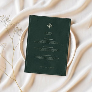 Vintage Green Wedding Menu Template, Printable Wedding Menu, Wedding Menu Card, Vintage Menu Card, Emerald Wedding, Menu Card