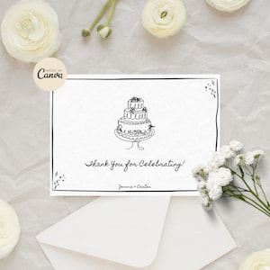 de carte de remerciement pour mariage | Illustration de gâteau de mariage lunatique dessinée à la main | Téléchargement numérique de mariage génial