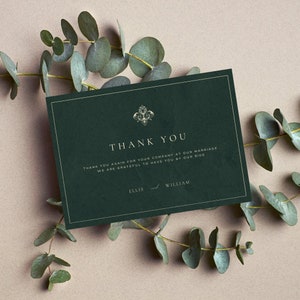 Plantilla de tarjeta de agradecimiento de boda verde vintage, tarjeta de agradecimiento de boda imprimible, tarjeta de boda, tarjeta de agradecimiento vintage, boda esmeralda