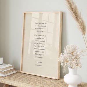 John Lennon Happy Quote, When I was 5 Years Old - Print, Frame, Canvas or Digital File