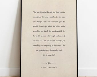 She Was Beautiful, F Scott Fitzgerald Quote Art - Print, Frame, Canvas or File