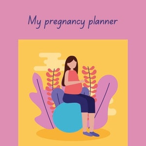 Op de afbeelding: Illustratie van een zwangere persoon die op een blauwe oefenbal zit in een geel veld met roze en rode planten. De tekst "My pregnancy planner" staat bovenaan de afbeelding.