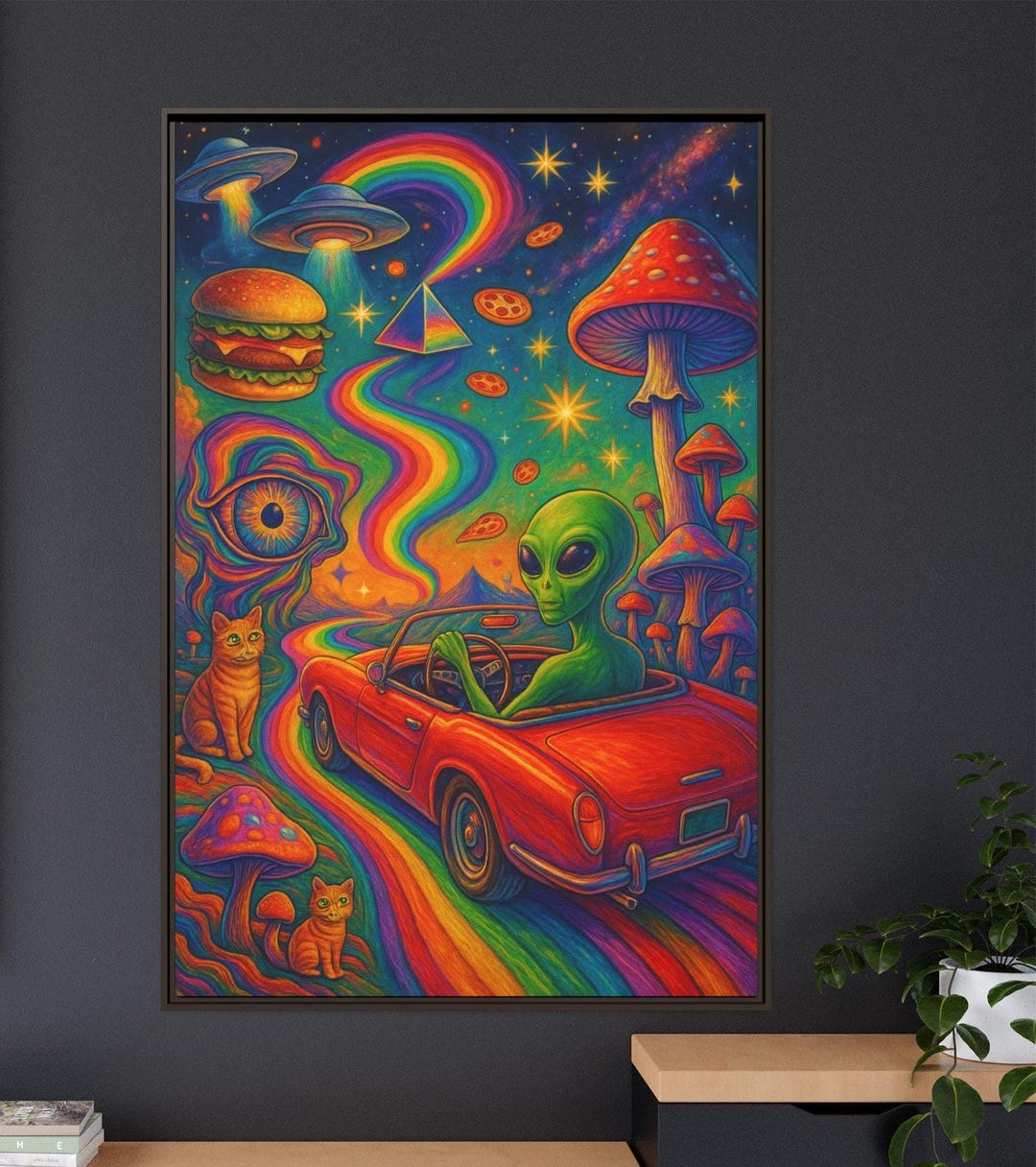 Alien Poster Canvas - Trippy Cat Art Print - Psychedelic Rainbow UFO ...