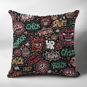 Monster Graffiti Pillow, Graffiti Pillow Case, Cartoon Character Art, Colorful Pattern Pillow, Abstract Art Pillow, Funky Home Decor