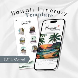May include: A digital Hawaii itinerary template displayed on a smartphone and a separate page. The phone screen shows a beach scene with palm trees and a sunset. The text "Hawaii Trip Itinerary" is visible. The other page shows the contents of the itinerary.