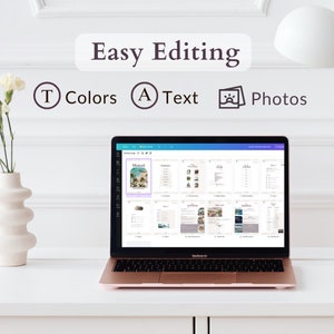 May include: A laptop computer displaying a digital planner with a colorful interface. The planner is open to a page titled "Hawaii" and features a photo of a beach scene. The laptop is on a white desk with a vase of flowers in the background. The text "Easy Editing" is displayed above the laptop, along with icons for colors, text, and photos.