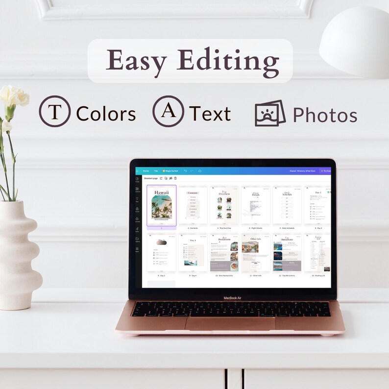May include: A laptop computer displaying a digital planner with a colorful interface. The planner is open to a page titled "Hawaii" and features a photo of a beach scene. The laptop is on a white desk with a vase of flowers in the background. The text "Easy Editing" is displayed above the laptop, along with icons for colors, text, and photos.