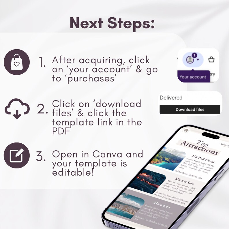 May include: A step-by-step guide on how to download and edit a digital template. The guide includes three steps: 1. After acquiring, click on 'your account' & go to 'purchases', 2. Click on 'download files' & click the template link in the PDF, 3. Open in Canva and your template is editable! The image also shows a mobile phone screen with a preview of the template.