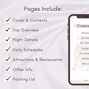 May include: A checklist for planning a trip, with a phone screen showing the different sections: Trip Overview, Flight Details, Daily Schedules, Restaurants, Other Information, Attractions, and Packing List.