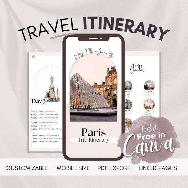 Travel Itinerary Template | Paris Trip Itinerary | Travel Planner | Travel agent | Travel Schedule | Mobile Itinerary | France Travel Guide