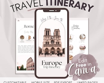 Europe Travel Itinerary Template: Mobile Travel Planner (Editable Canva Instant Download)