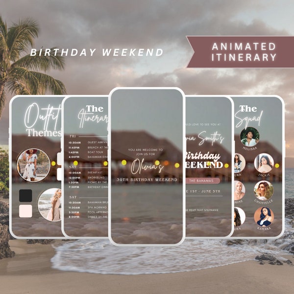Animated Birthday Weekend Itinerary template | Trip Itinerary | Birthday Weekend Invitation | Digital Itinerary | Girls Trip | Weekend Trip