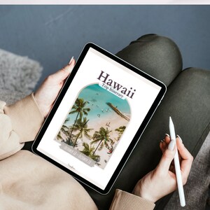 May include: A digital tablet displaying a travel itinerary for Hawaii. The itinerary is titled "Hawaii Trip Itinerary" and features a photo of a tropical beach with palm trees and turquoise water. The dates "October 21 - October 24" are visible at the bottom of the screen.