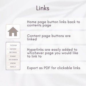 May include: A digital planner with a home button and links to different sections, including trip overview, flight details, daily schedule, restaurants, other information, attractions, and packing list. The text "Links" is at the top of the image. The text "Export as PDF for clickable links" is at the bottom of the image.