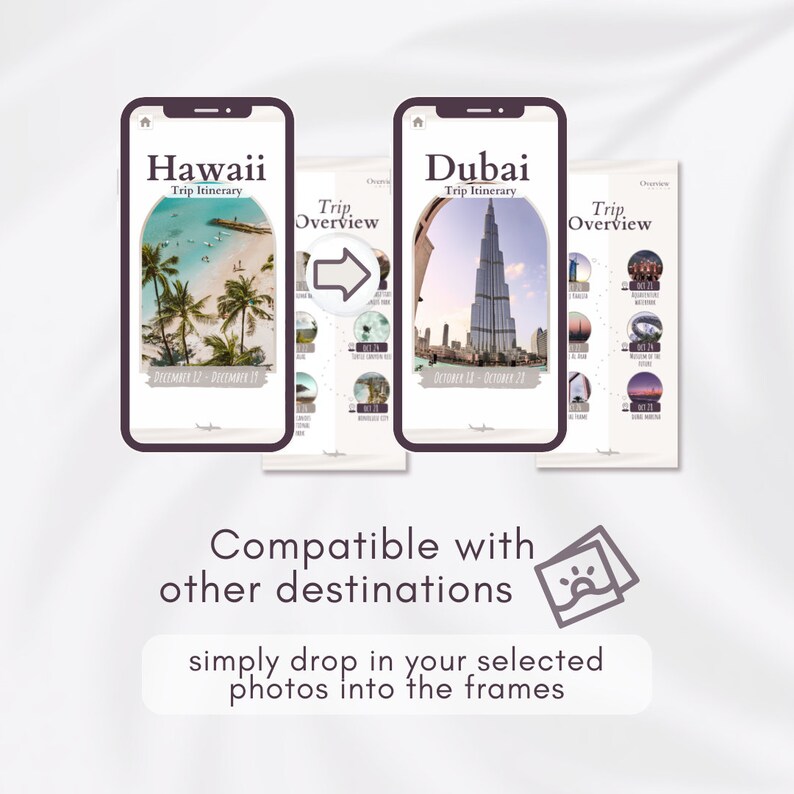 May include: Two phone screen mockups showing a travel itinerary template for Hawaii and Dubai. The template includes a trip overview and itinerary with dates. The text "Compatible with other destinations" and "simply drop in your selected photos into the frames" is displayed below the mockups.
