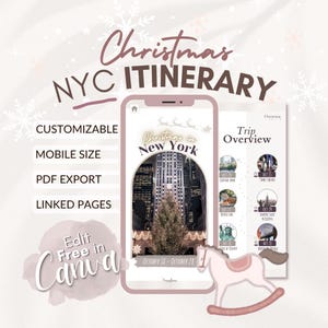 Op de afbeelding: Een digitaal kerst-reisplan voor NYC met een mobiele telefoonweergave van een kerstboom in New York, een reisoverzichtspagina en tekstlabels voor aanpasbaar, mobiel formaat, PDF-export, gekoppelde pagina's en Edit Free in Canva.