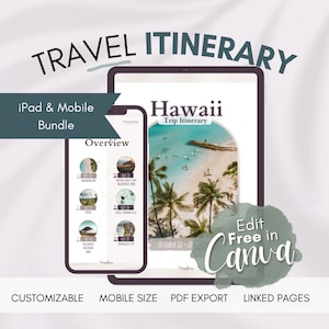 May include: A digital template for a Hawaii travel itinerary, with a beach scene and palm trees. The template is customizable and can be edited in Canva. The text "Hawaii Trip Itinerary" is visible at the top of the template.