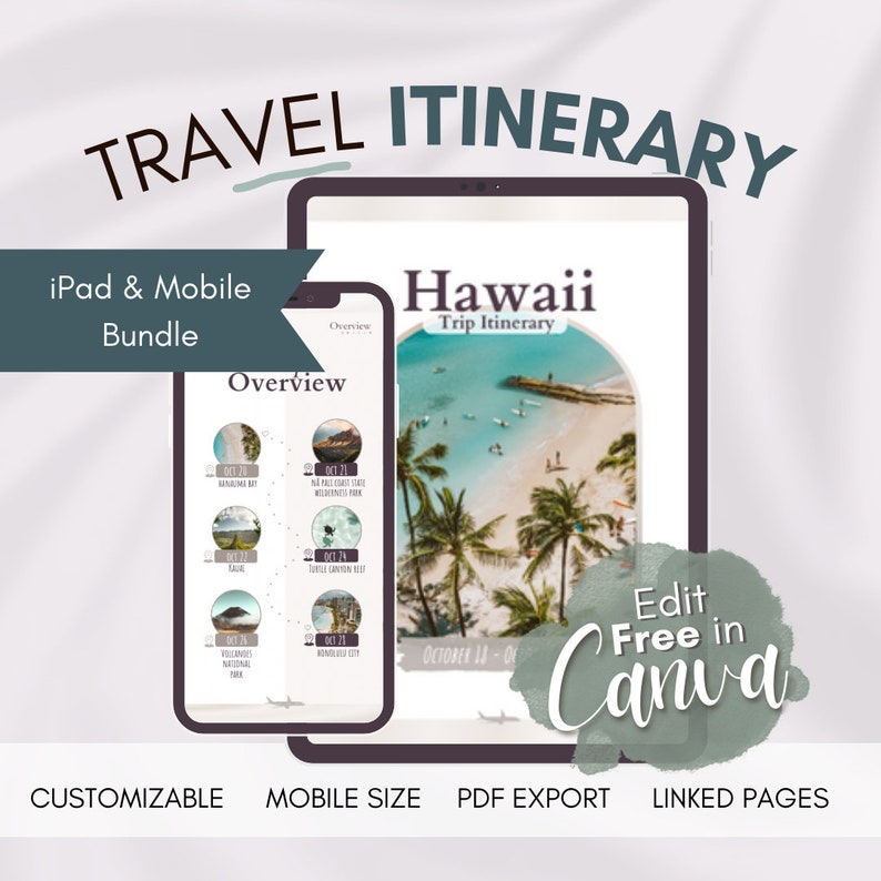 May include: A digital template for a Hawaii travel itinerary, with a beach scene and palm trees. The template is customizable and can be edited in Canva. The text "Hawaii Trip Itinerary" is visible at the top of the template.