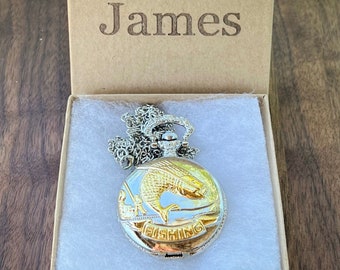 Fishing Design Quartz Watch: Personalized Name Gift  Box - Angler Necklace Chain Timepiece for Men & Women, Father's Day Gift